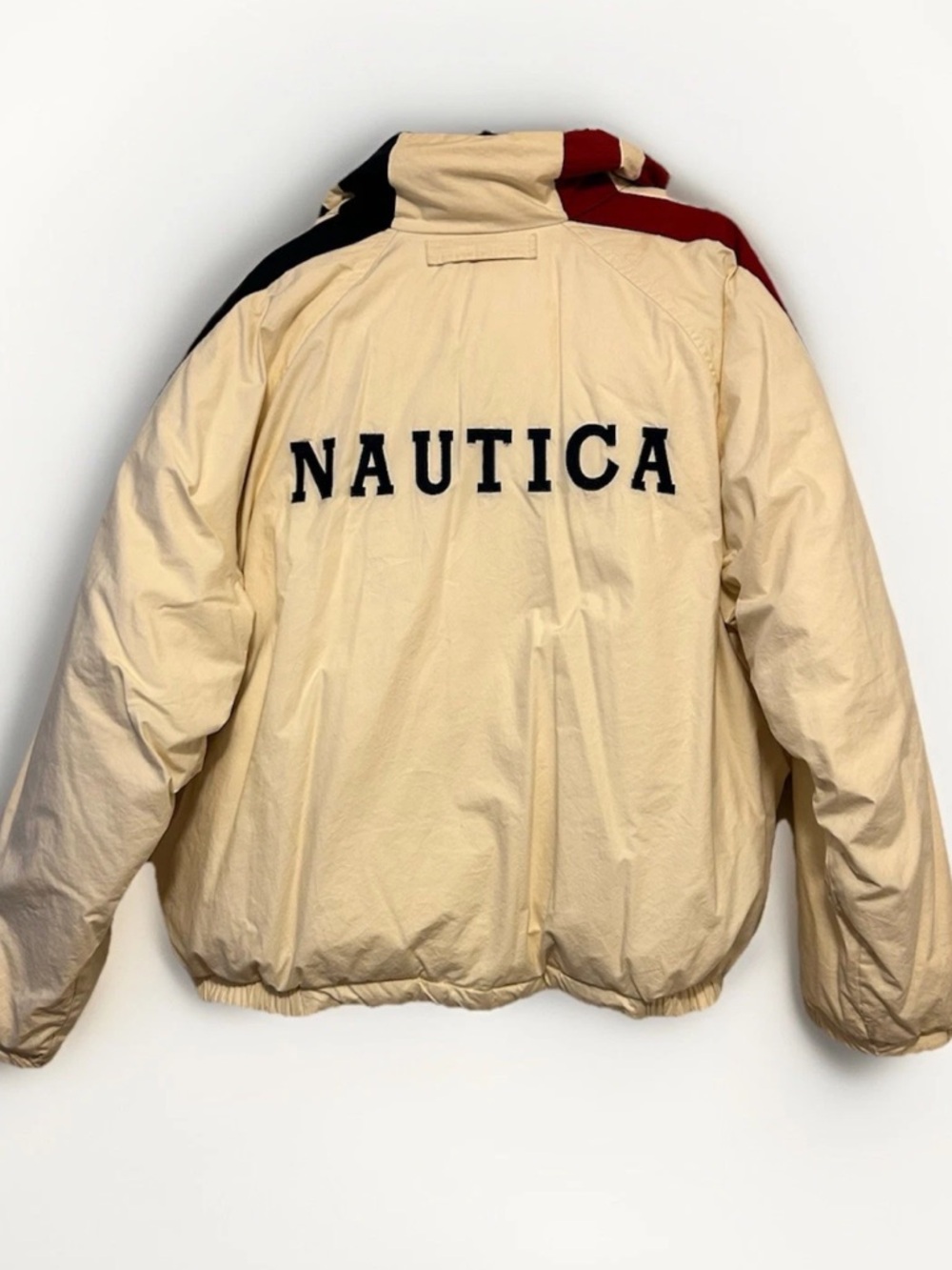 Nautica Cream Puffer Jacket with Sport Sleeve Stripes